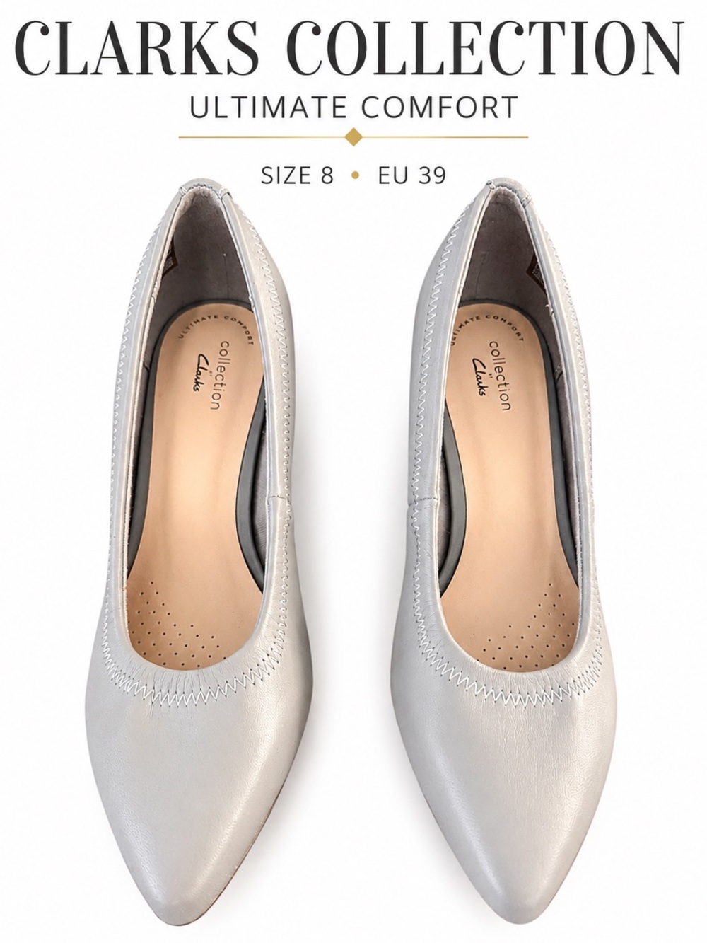 Clarks Collection Silver Pointed Toe Kitten Heel Pumps Size 8